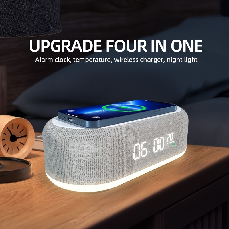 item picture fast wireless charger stand alarm clock station with led light thermometer night light mobile phone holder dock for iphone 16 15 pro max 14 13 12 xs xr x 8 for samsung s25 s24 s23 ultra s23 s22 s21 pd connector for xiaomi 15 14 13 home office deskto