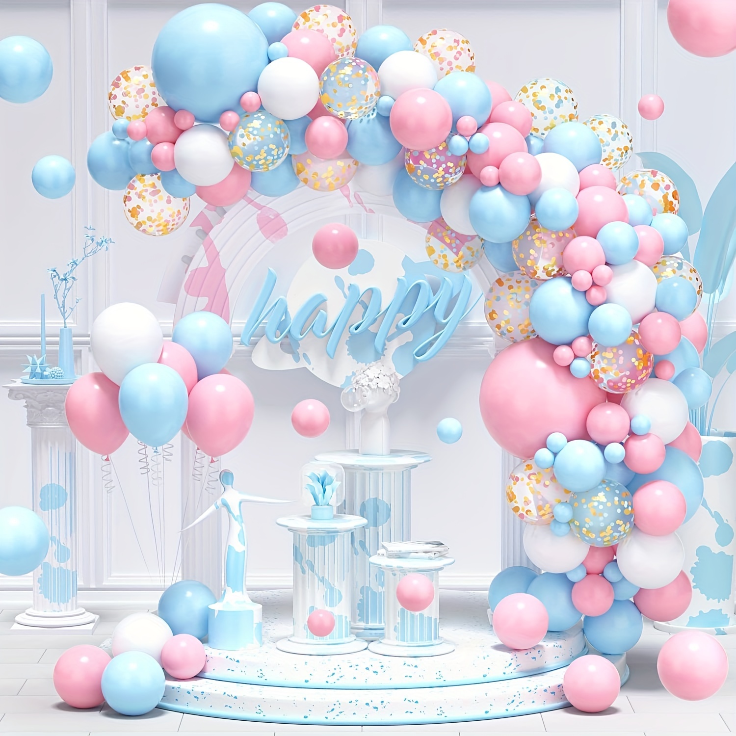  Qutechat Kit de arco de guirnalda de globos, baby shower,  cumpleaños, decoraciones de revelación de género para niños, decoración  plateada metálica, blanco y azul, letras de aluminio, 100 puntos de  pegamento