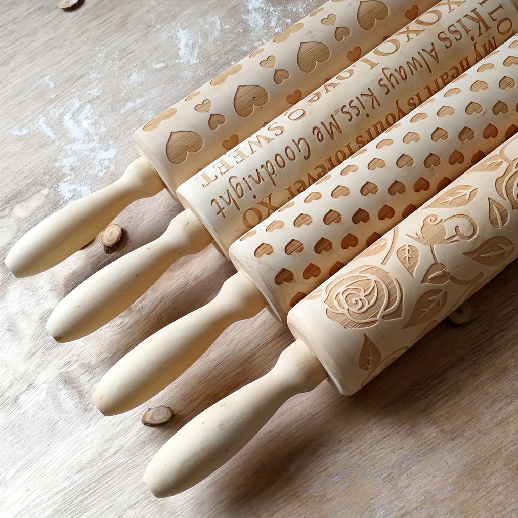 

1pc, Wooden Embossing Rolling Pin, Rose Flower Pattern Dough Roller, For Pizza, Pie, , Dumplings, Noodles, And More, Kitchen Utensils, Kitchen Gadgets, Kitchen Accessories