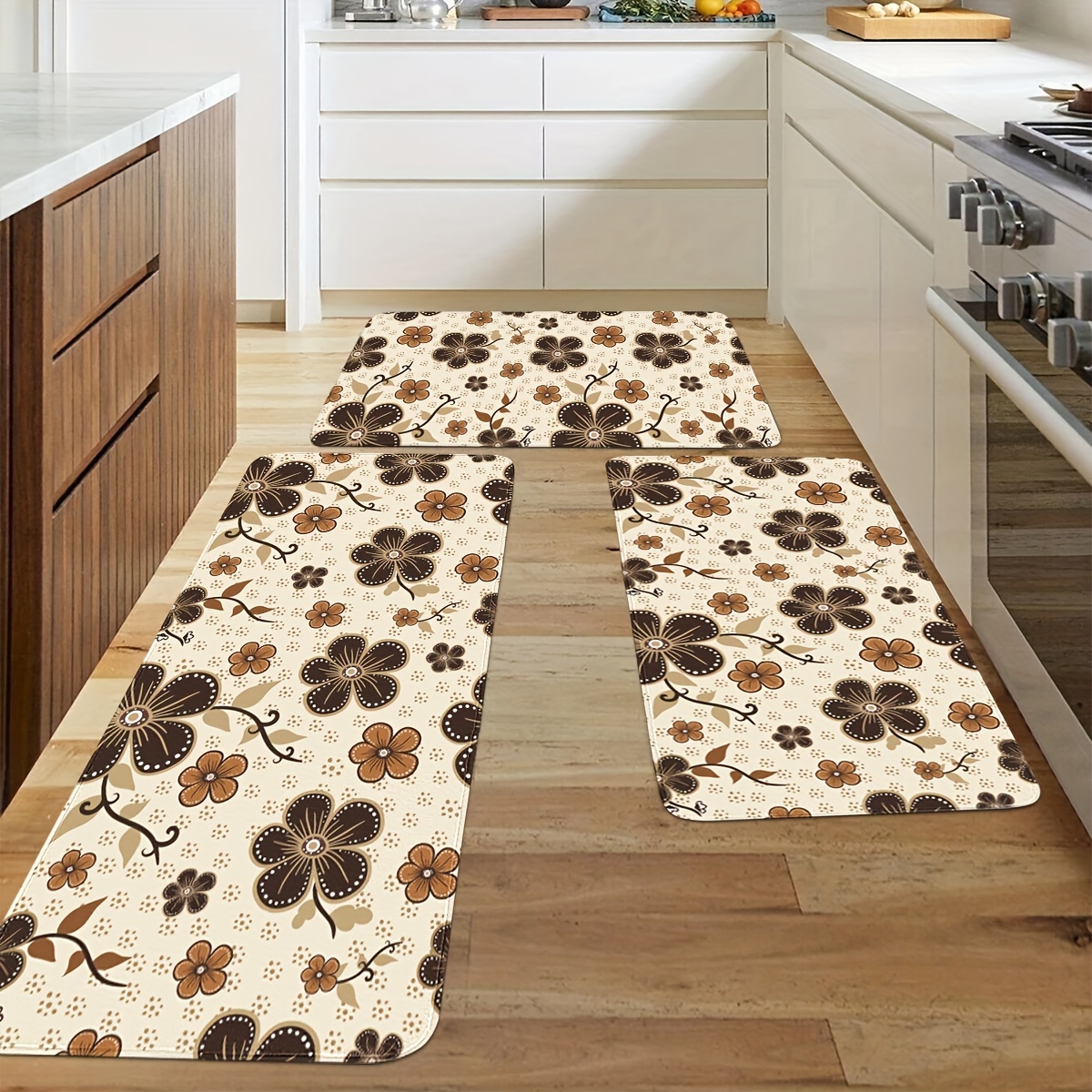 Kitchen Floor Mat Black White Flower Pattern Suitable - Temu