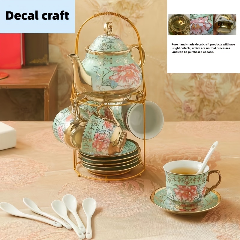 Conjunto De Chá e Café Estilo Britânico Porcelana Chinesa Bule Xícara  Colher Com Bandeja 10 Peças