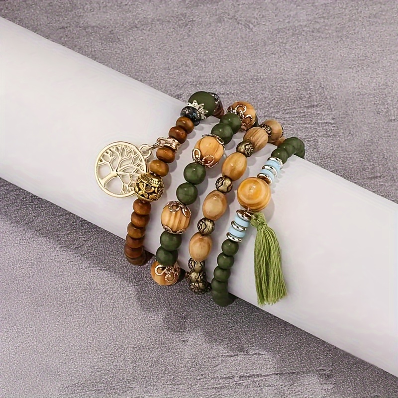 Boho Style Tree Tassel Charm Wooden Beaded Bracelet Handmade