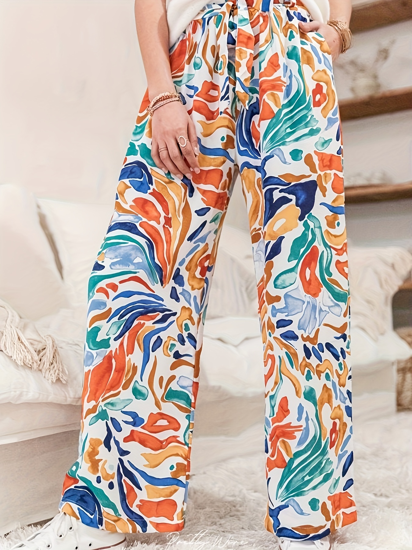 Plus Size Boho Pants Women's Plus Tropical Print Wide Leg - Temu