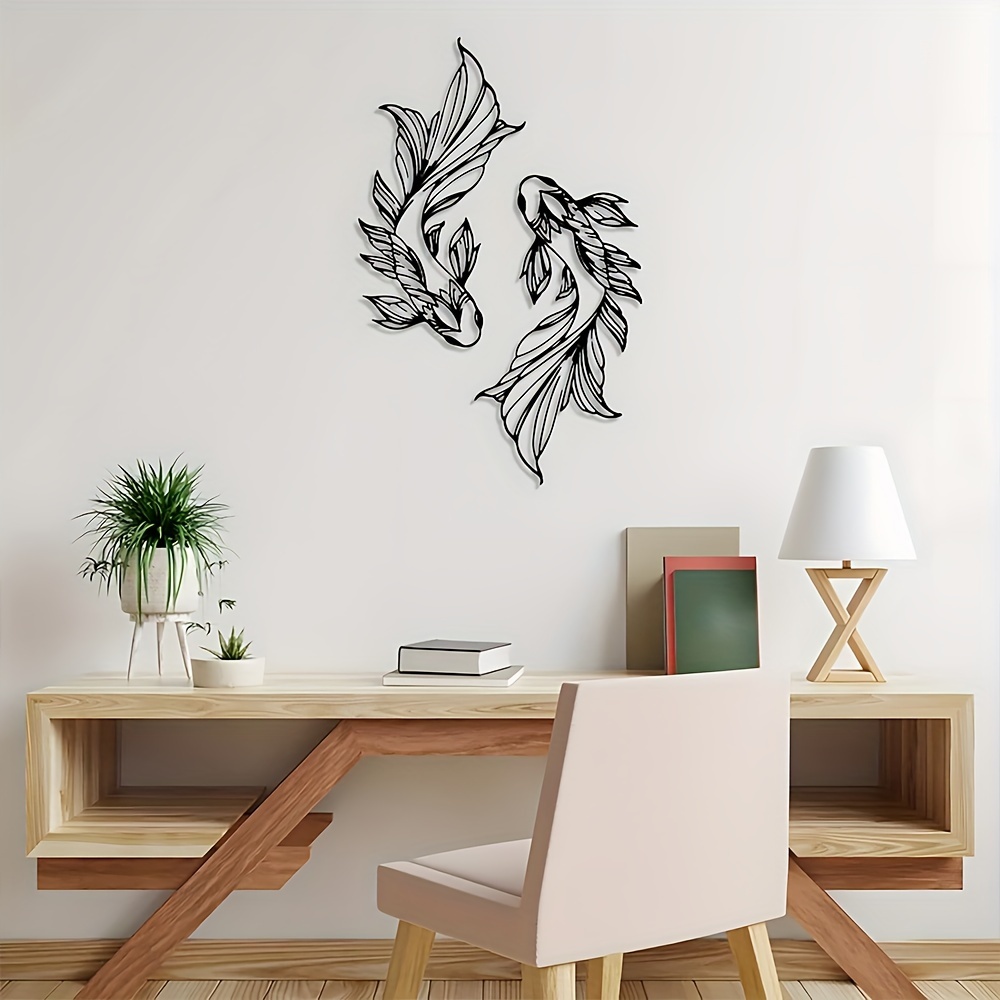 Yin Yang Koi Fish Metal Wall Art, Fishing Black Metal Art Sign Decorations,  for Living Room