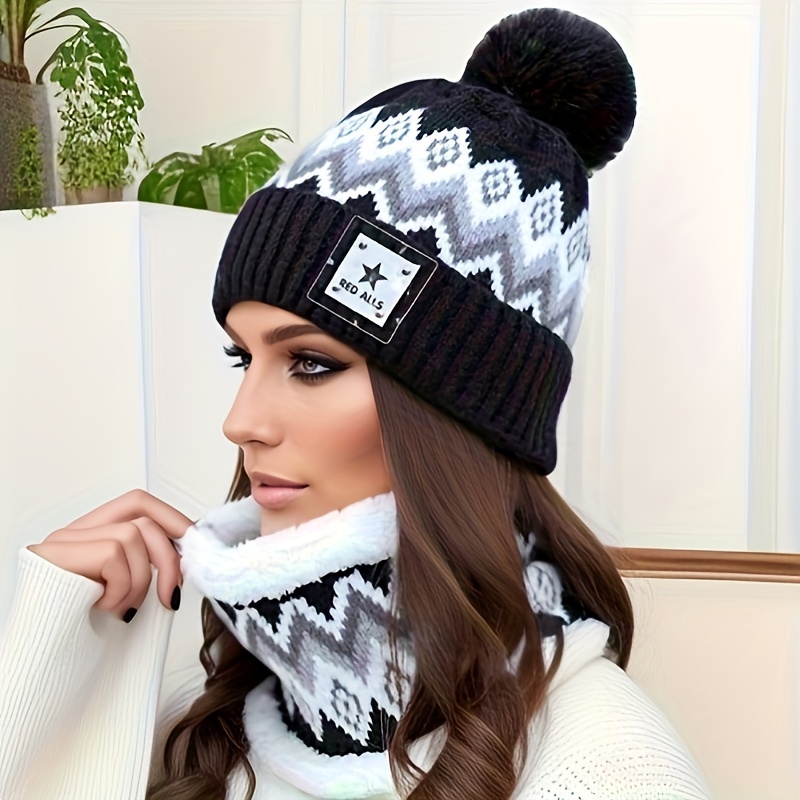 

2pcs Winter Scarf Beanie Set For Women Classic Geometric Jacquard Knit Hats Warm Cuffed Beanies Thick Fleece Knit Infinity Scarf Neck Gaiter