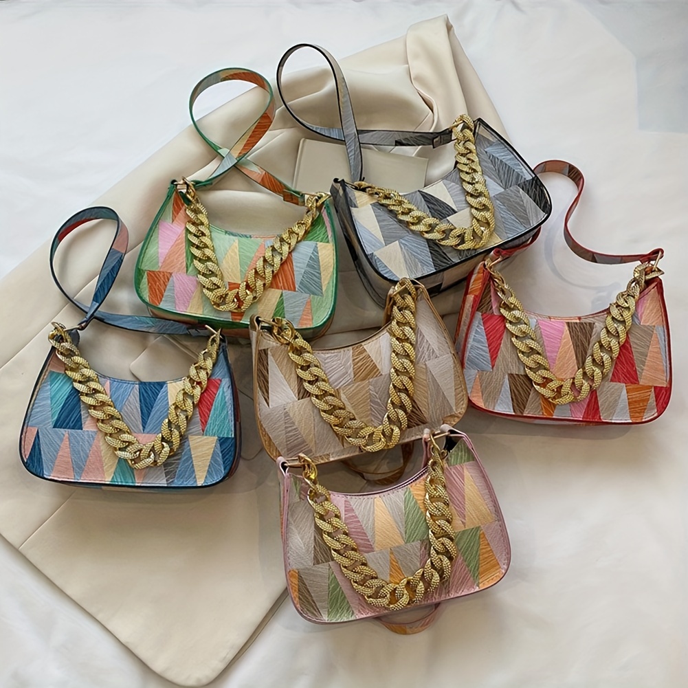 Colorful Triangle Geometric Print Versatile Handbag, Chain Decor