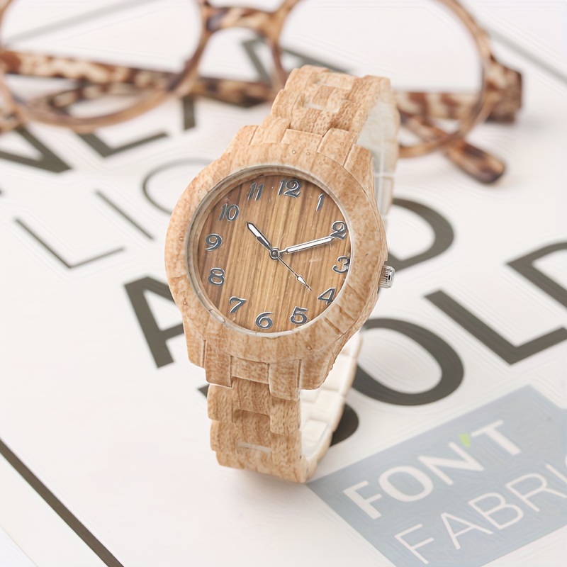 casual wood grain quartz watch retro round pointer analog plastic wrist watch for women men khaki 6