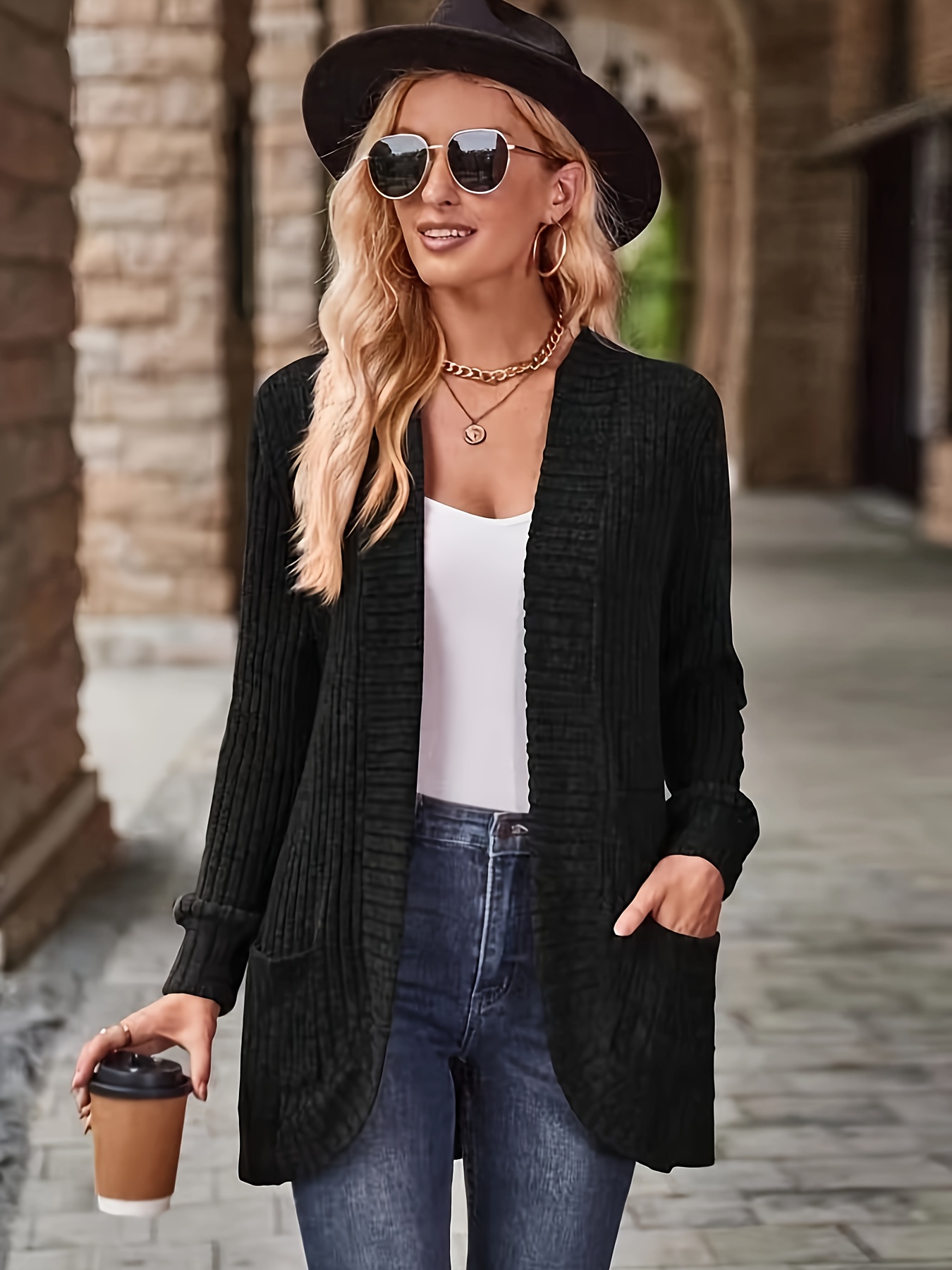 Solid Open Front Cardigan Elegante Cardigan A Maniche Lunghe - Temu Italy