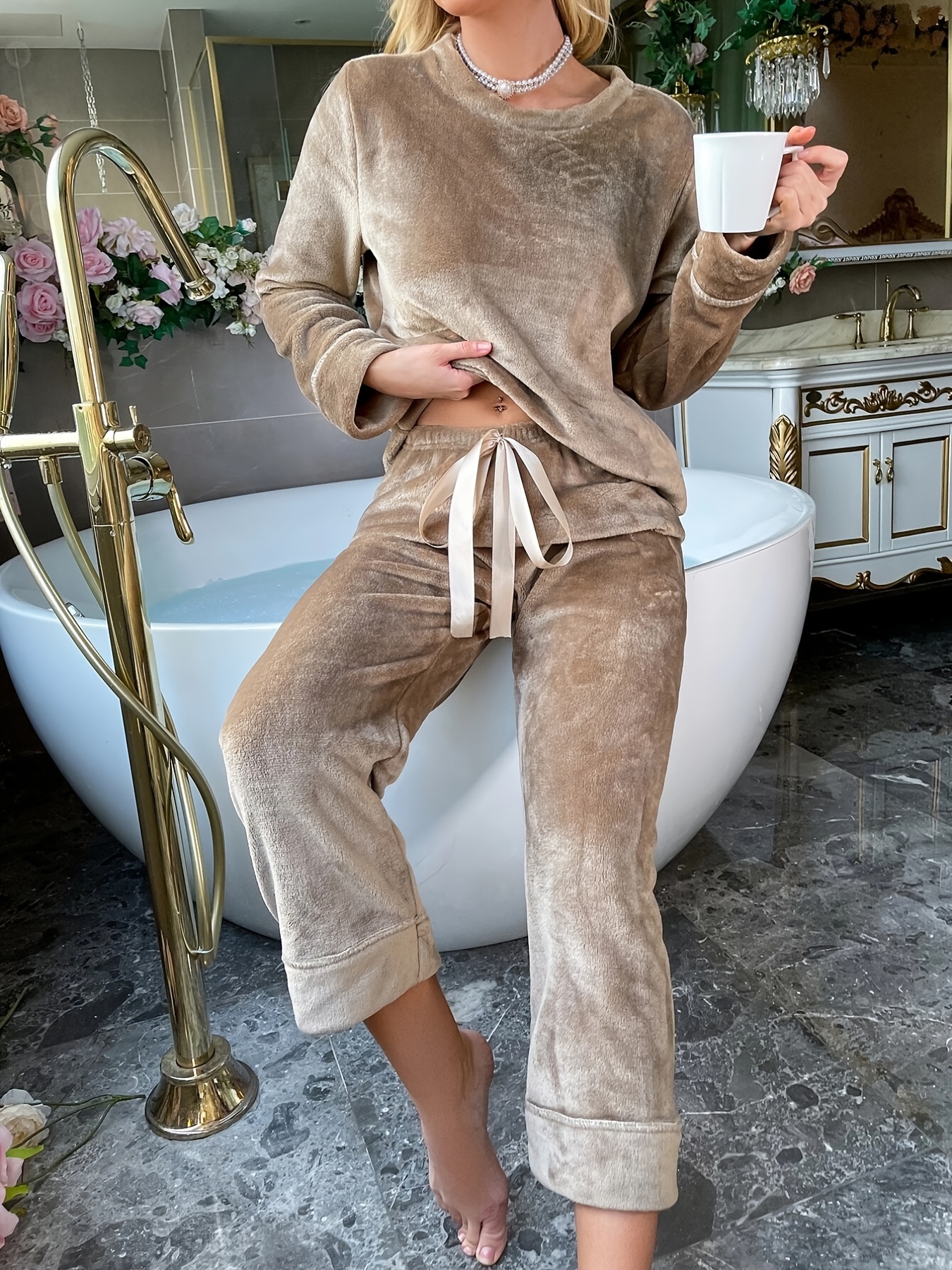 Casual Soft Flannel Pajamas Set Crew Long Sleeve Top Lace - Temu Canada