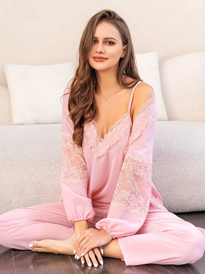 Contrast Lace Pajama Set, Long Sleeve Lace Up Robe & V Neck Cami Top &  Elastic Waistband Pants, Women's Sleepwear & Loungewear