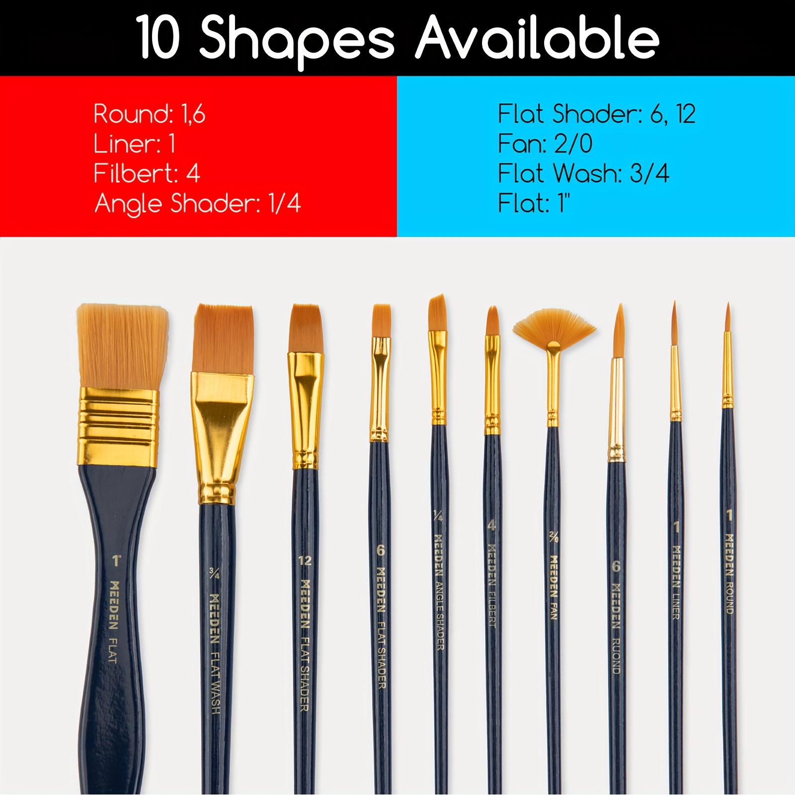 MEEDEN Angled Paint Brushes Set of 9 Golden Nylon for Oil Acrylics  Watercolor and Gouache Color Painting , 9-Piece