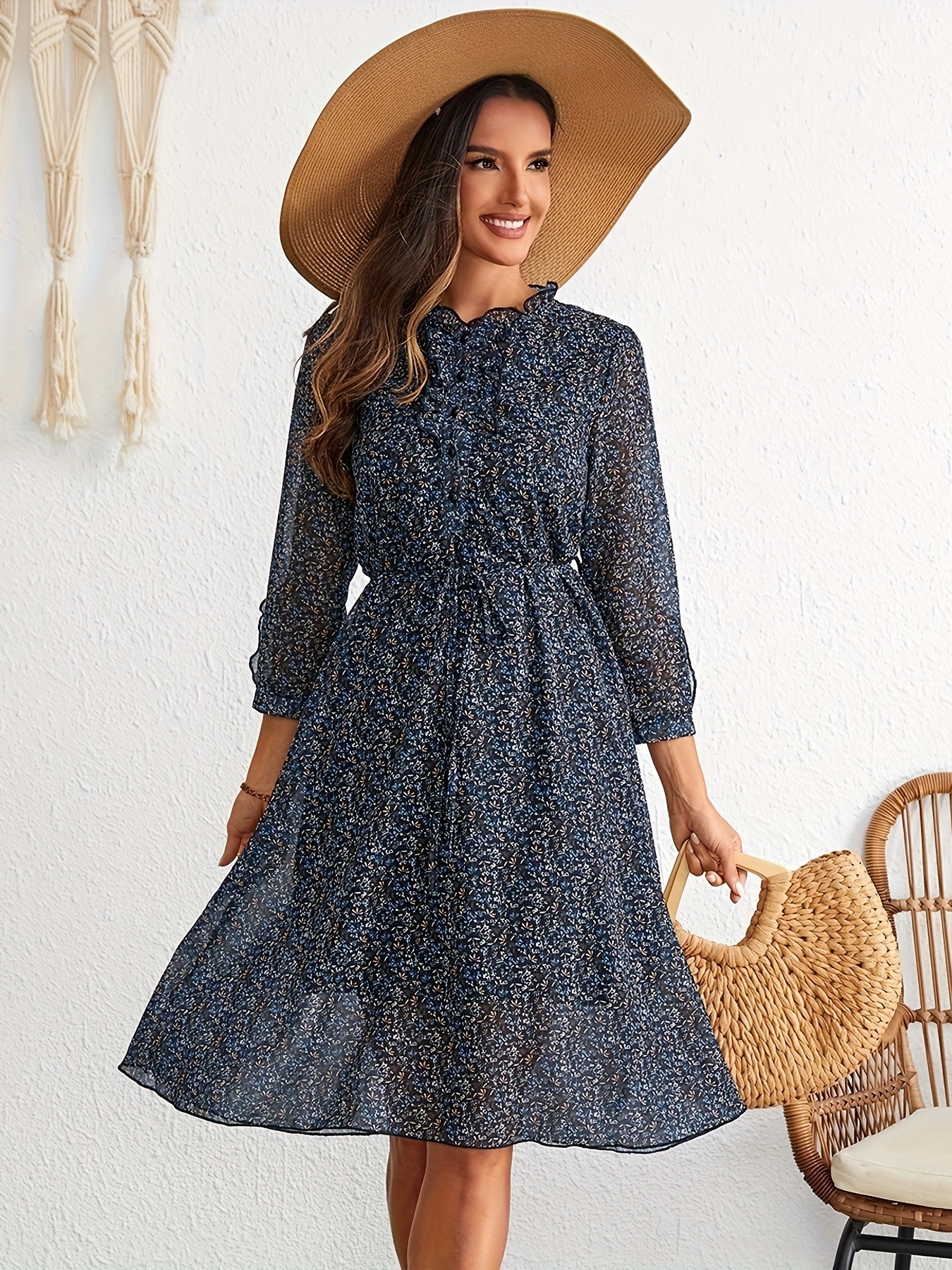 navy blue dress for baby girl ditsy floral print a line dress elegant 3 4 sleeve dress