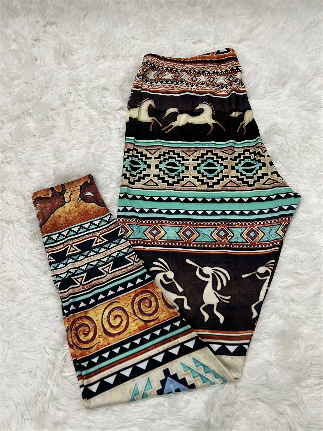 Plus Size Boho Leggings, Women's Plus Tribal Print Elastic High Rise Medium  Stretch Leggings