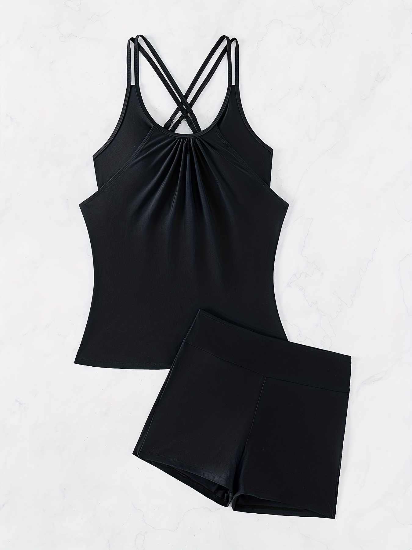Criss Cross Scoop Neck Solid Black Tankini Stretchy Ruched - Temu
