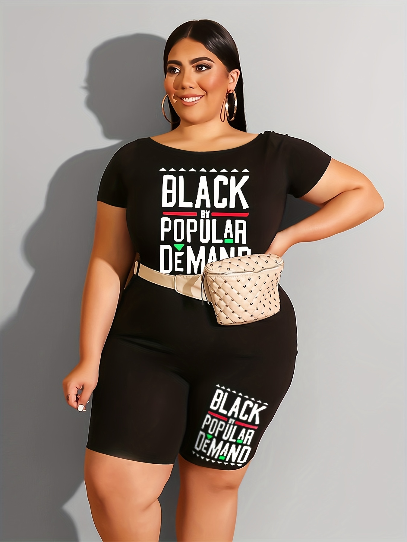 Plus Size Letter Print Short Sleeve Tee & Biker Shorts Set; Women's Plus  High Stretch Casual 2pcs Set Outfits