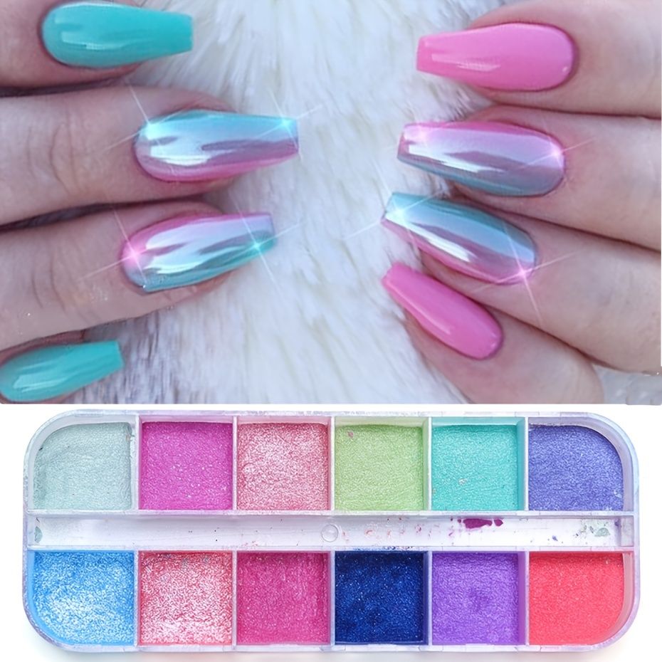 12 Grids Nail Glitter Colorful Mirror Effect Shimmer Mermaid Pearl Powder  Chrome Pigment Fine Dust Reflective Polish Decor - Beauty  Personal Care -  Temu