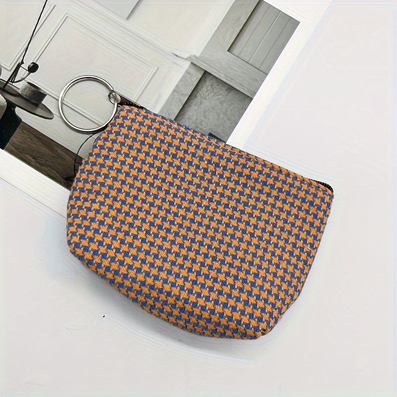 Simple Plaid Pattern Zipper Pouch, Lightweight Versatile Coin Purse, Portable Storage Bag,Temu