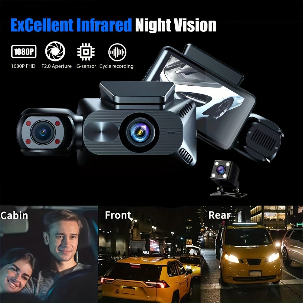 3-channel Dash Cam Front And Rear Inside,1080p Dash Cam Ir Night Vision,  Loop Recording Car Dvr Camera 2/3 Lens With Ips Screen 3 Cameras Car Dashcam,car  Black Box Recording At Same Time,wide