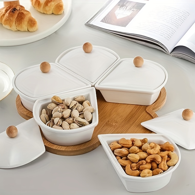 White Ceramic Condiment Snack Bowl Set with Glass Lids and Bamboo Serving  Tray