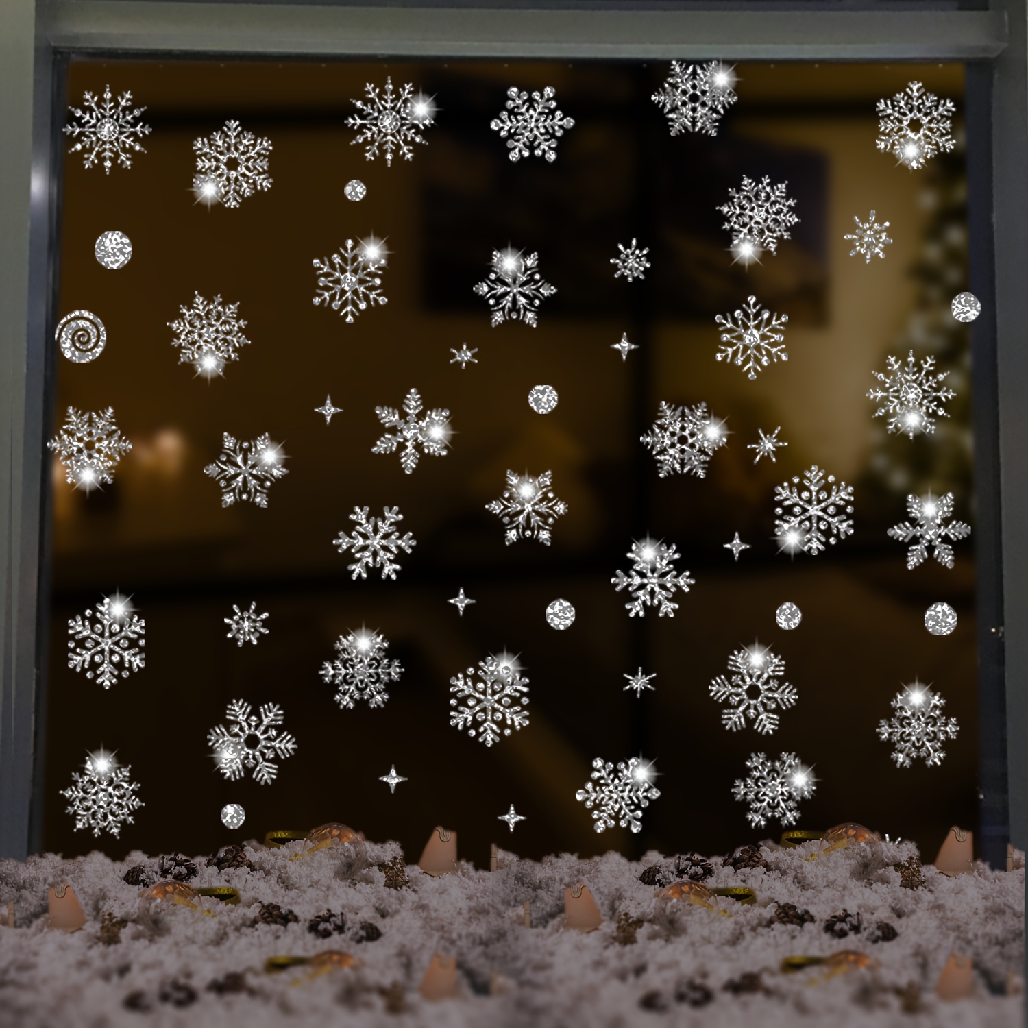 Christmas Window Clings 78 Pcs Sparkle Silver Large Double-Sided Window  Decoration Snowflake Window Stickers Xmas 4 Sheet Winter Christmas Window