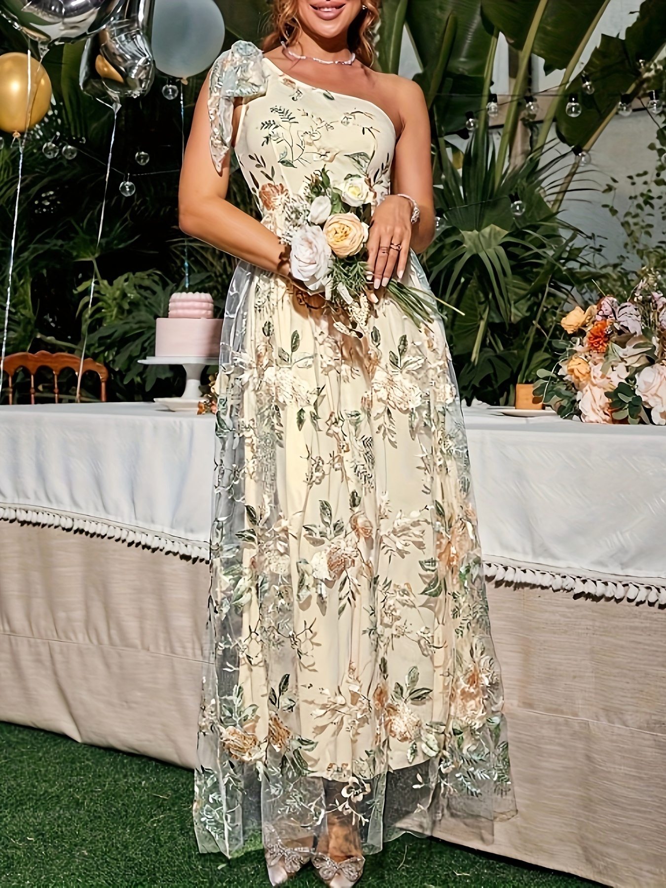 Vestido Dama Honor Decoración Floral Mangas Onduladas - Temu Mexico