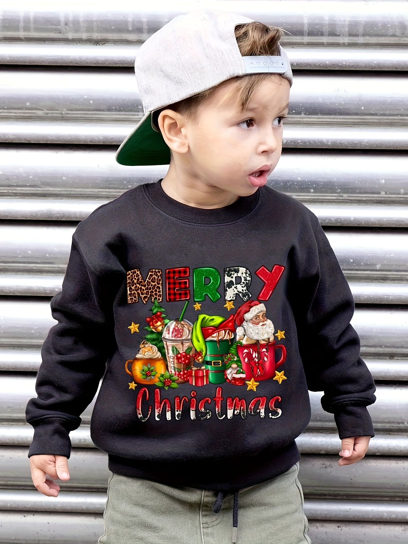 Sudadera Con Estampado De Pap Noel Y Caf De Feliz Navidad Para Ni os Dise o Creativo Informal Con Tejido El stico Para Un Uso C modo En Oto o invie