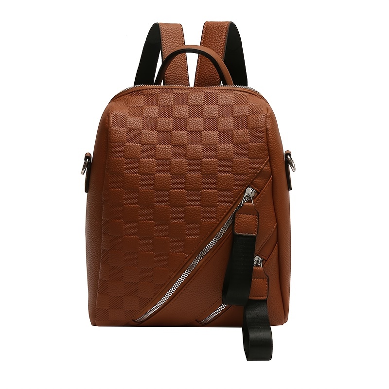 Casual Checkered Backpack, Women's Faux Leather Bookbag, Fashion Zipper  Front Travel Daypack - Temu