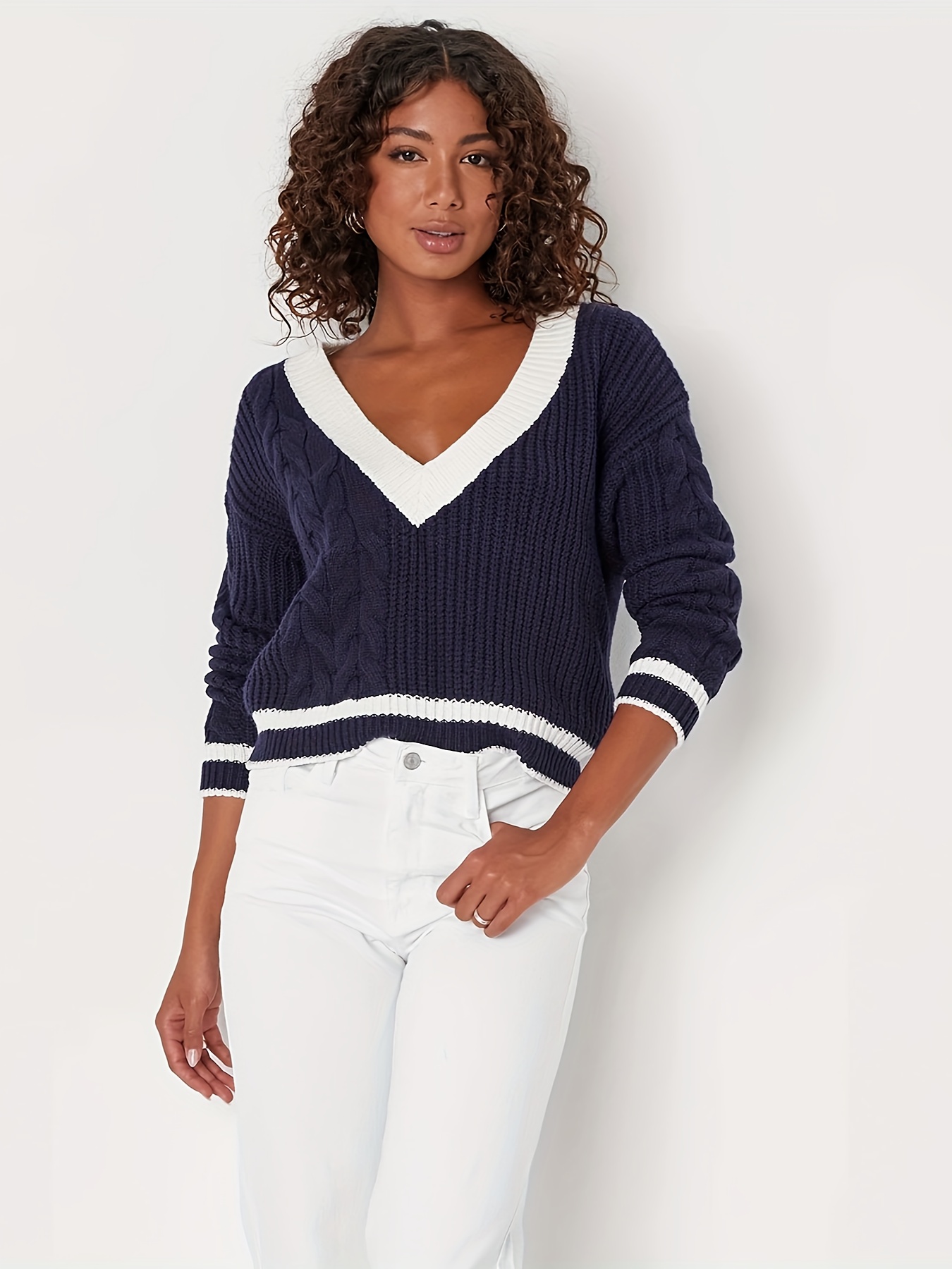 White v neck shop colour block cable jumper