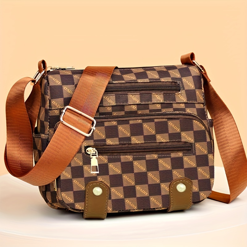 Plaid Pattern Crossbody Bag, Women's Multi Pockets Purse, Studded Decor  Faux Leather Shoulder Bag
