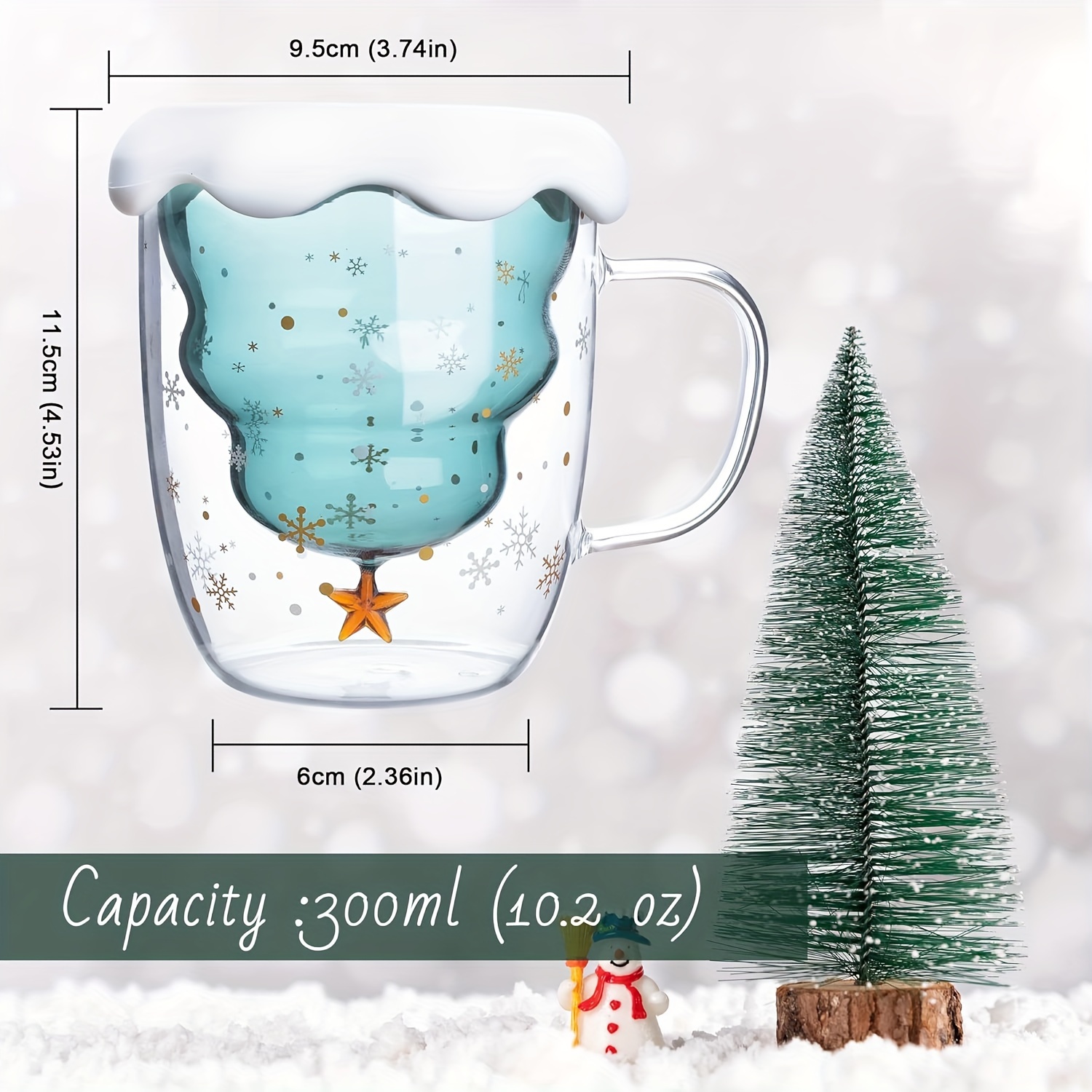 10 Oz (300 ML) Christmas Tree Shaped Insulated Glass Cups Glass
