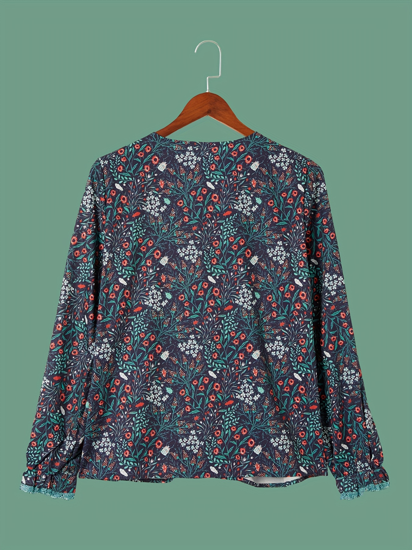 Floral Print Contrast Lace Blouse, Boho V Neck 3/4 Sleeve Blouse, Women's  Clothing