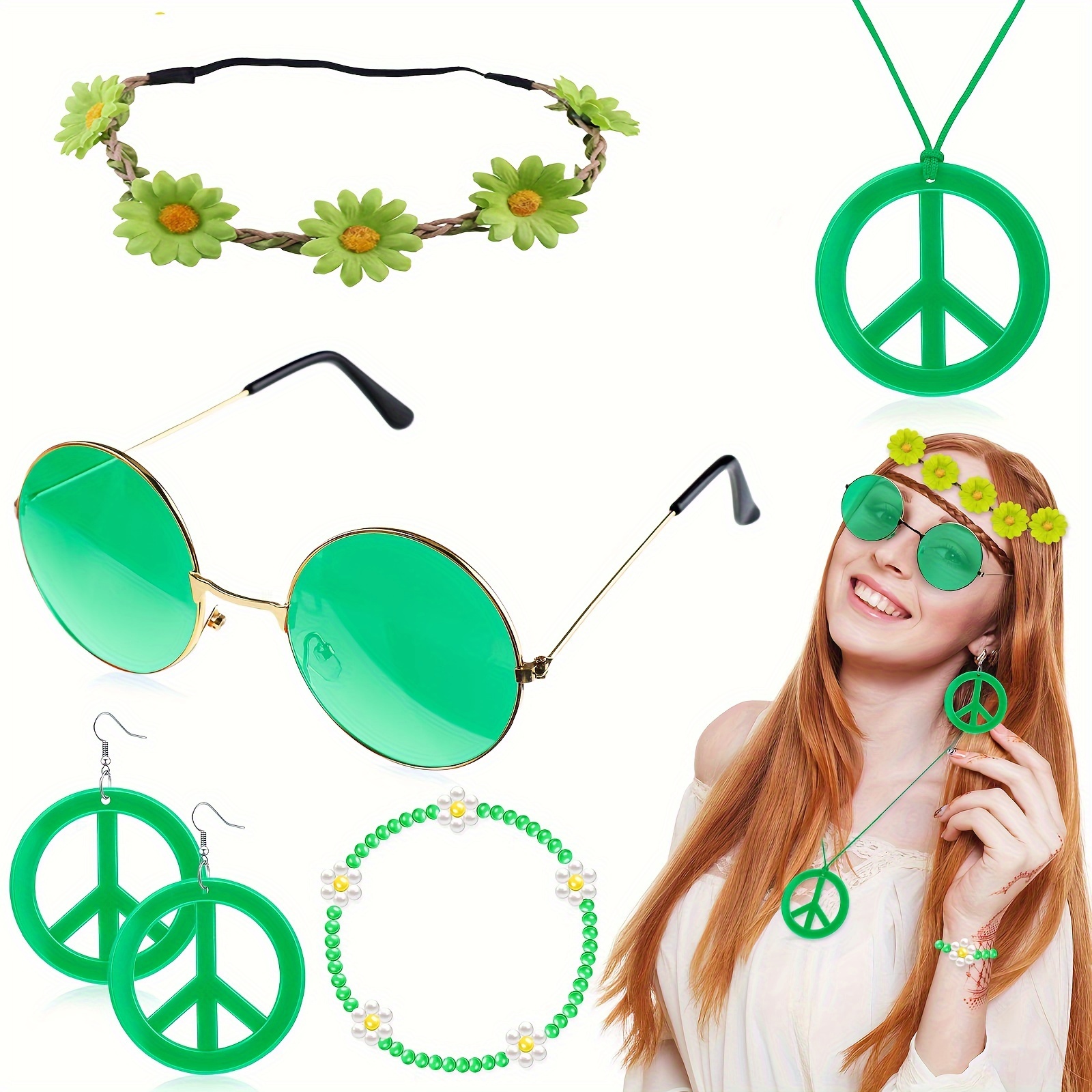 6 Pezzi Set Di Accessori Hippie Che Include Collana Con Perline Segno Di  Pace, Fascia Di Fiori Per Capelli, Occhiali Da Sole Hippie Per  Travestimento A Tema Festa Per Donne