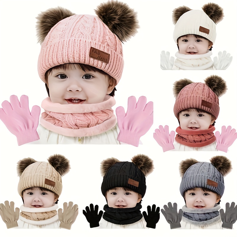Acheter 3 pièces hiver doux bébé chapeau écharpe gants ensemble dessin  animé grand pompon nouveau-né Bonnet chapeau en plein air chaud enfants  infantile chapeau foulard mitaines