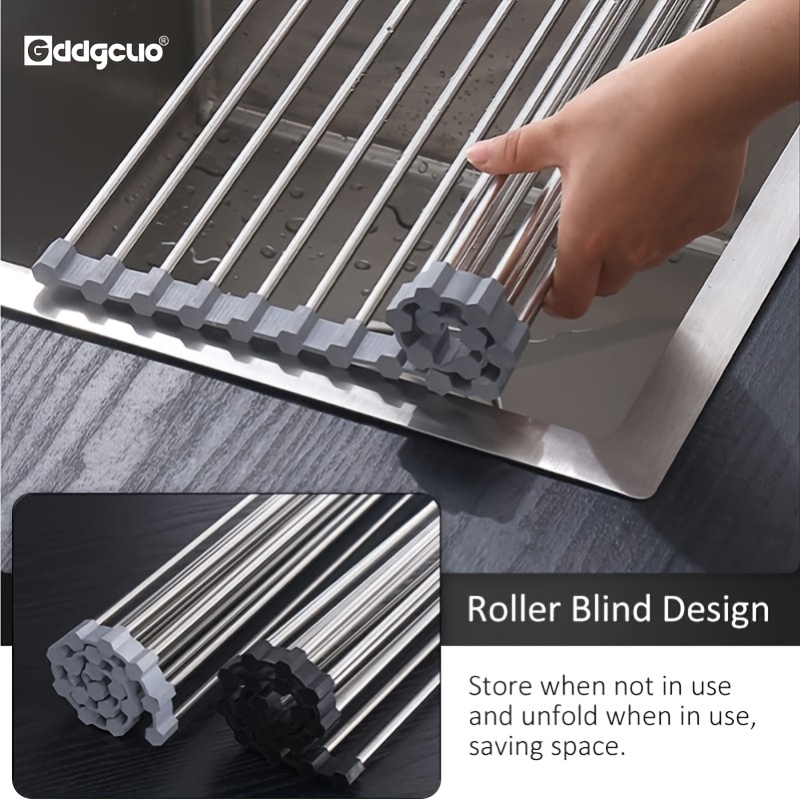 1pc multifunctional dish drying rack sink drain rack for kitchen stainless steel silicone heat resistant non slip roll up removable utensil holder for cups fruits vegetables grey large details 2