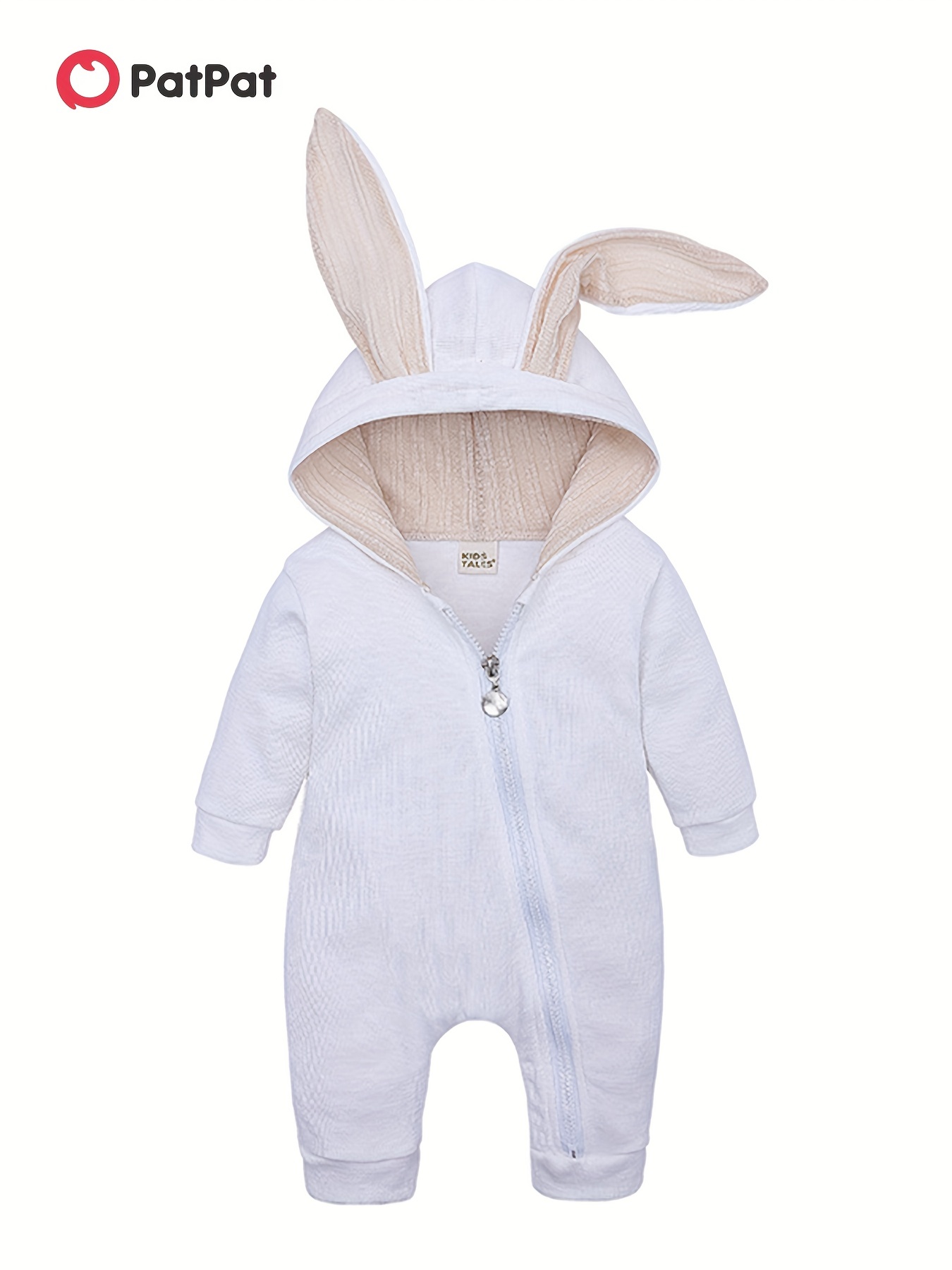 Cartoon Rabbit 3D Ears Hooded Solid Long-sleeve Baby Jumpsuit