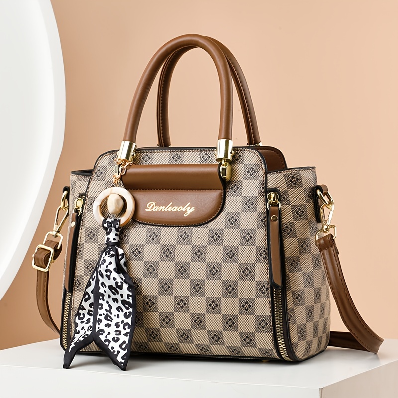 Twilly Scarf Shoulder Bag, Top Handle Bag With Bear Patterm, Pink Handbag  With Adjustable Strap