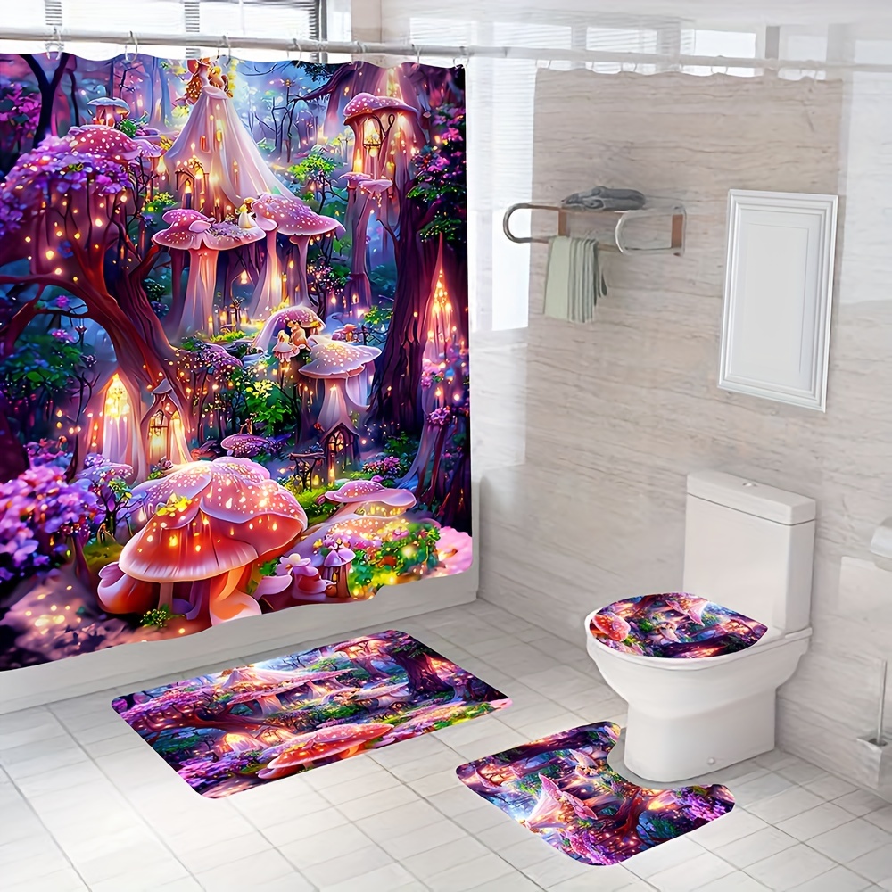 4pcs Purple Mushroom Printed Shower Curtain Set, Waterproof Shower Curtain  With 12 Hooks, Non-Slip Bathroom Rug, Toilet U-Shape Mat, Toilet Lid Cover
