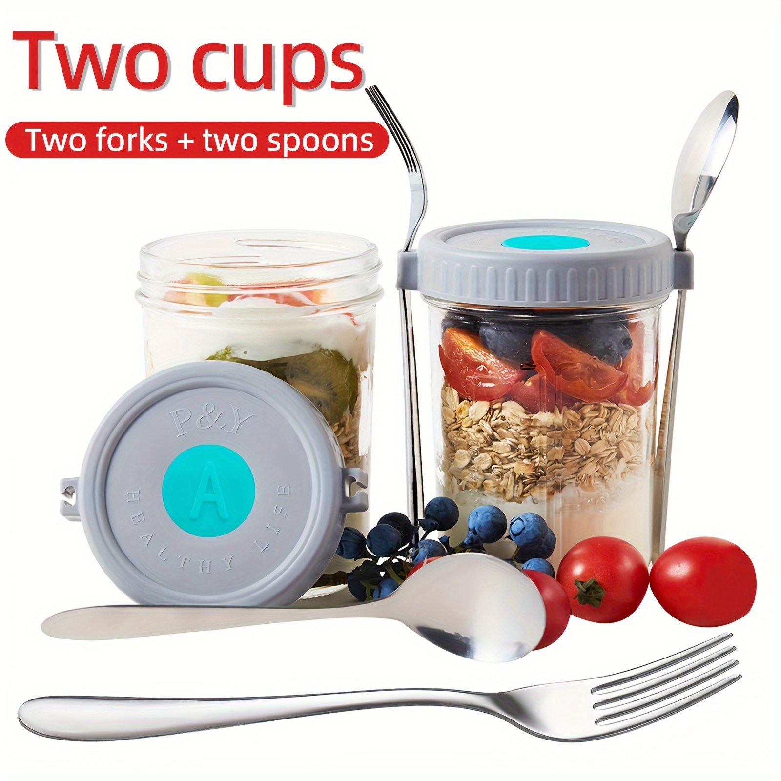 Set of 1 Overnight Oats Jars ，Mason Jars with Lid and Spoon Set,Portable  Breakfast Container ,Cereal ，Milk ， Vegetable and fruit Salad Storage  Container ，10 oz Large Capacity with Measurement Marks (grey1) 