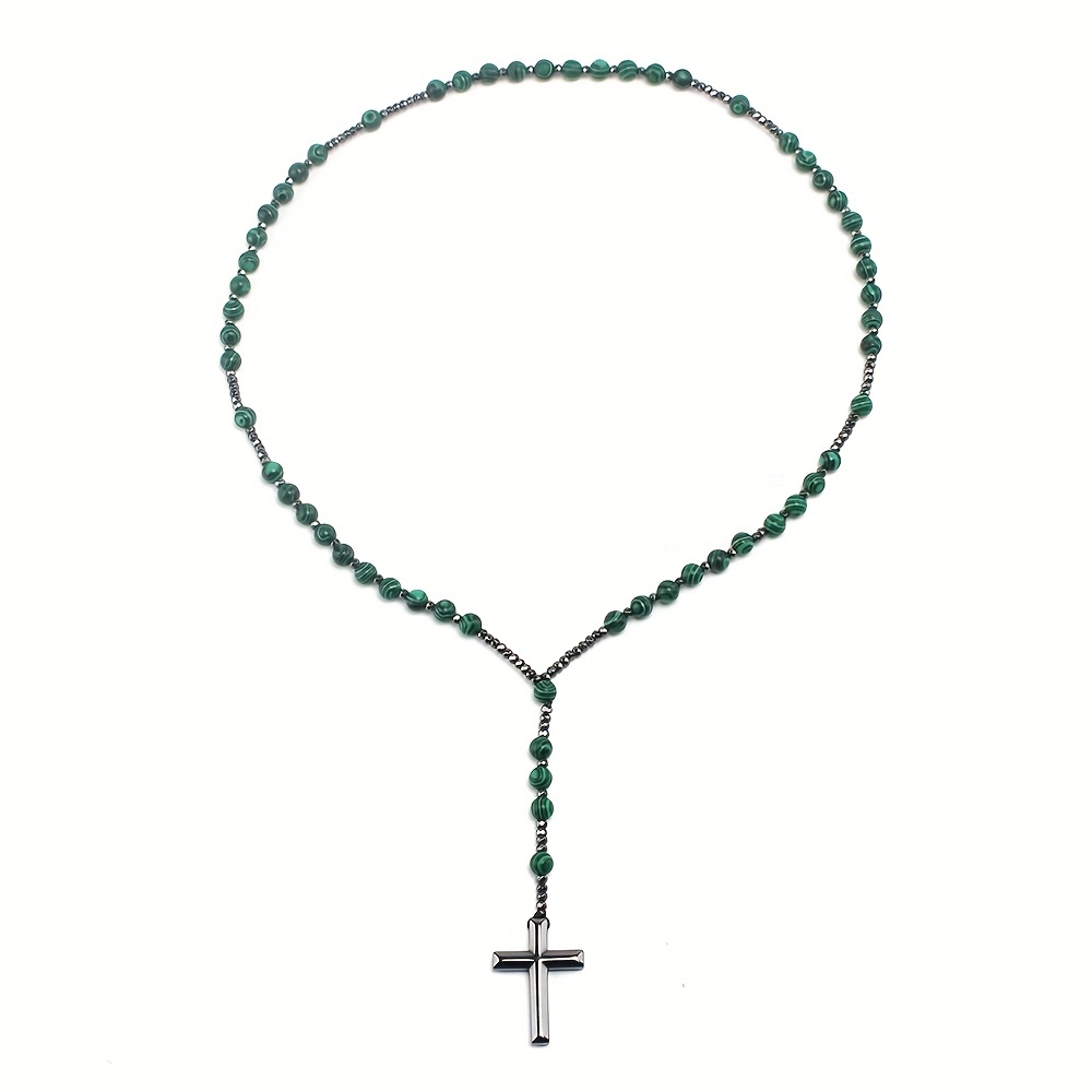 Natural Stone Malachite Round Beads Necklace Vintage Rosary