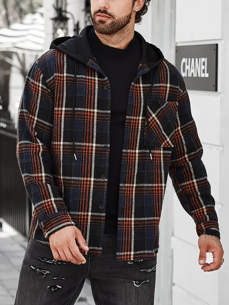 Plaid Pattern Men's Color Block Casual Long Sleeve Hooded Shirt