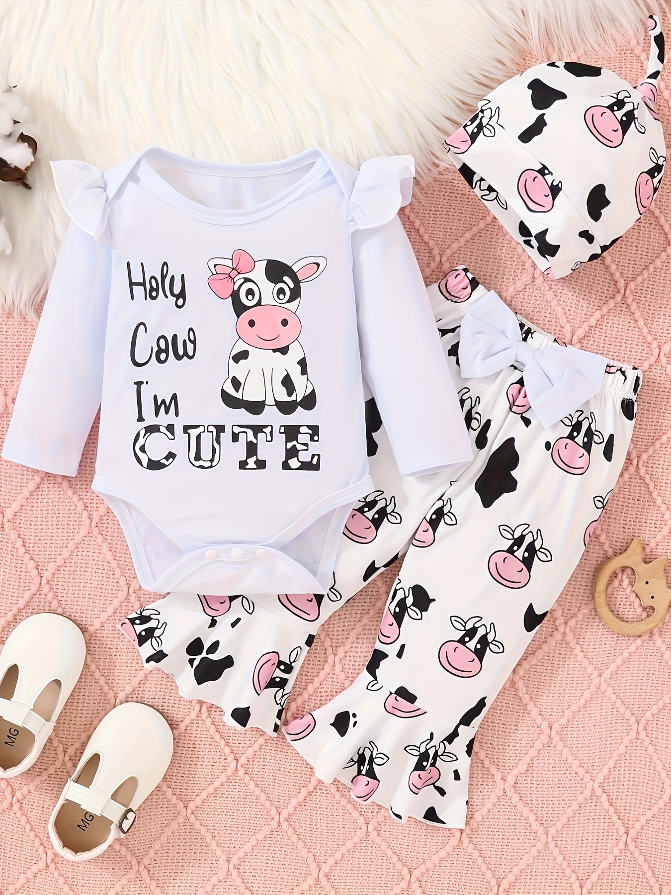 3PCS Newborn Baby Girls Romper Cow Headbands Tops Pants Outfits Clothes Set  