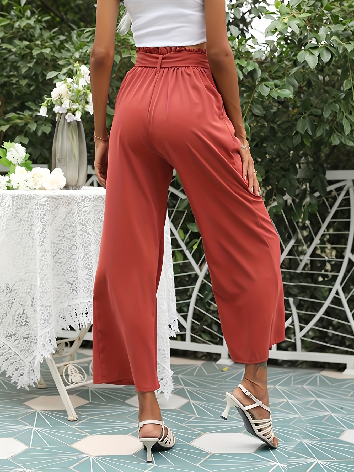 gvdentm Maternity Pants Womens Wide Leg Palazzo Pajama Pants High Waist  Tied Belt Beach Boho Loose Yoga Long Trousers Trendy 