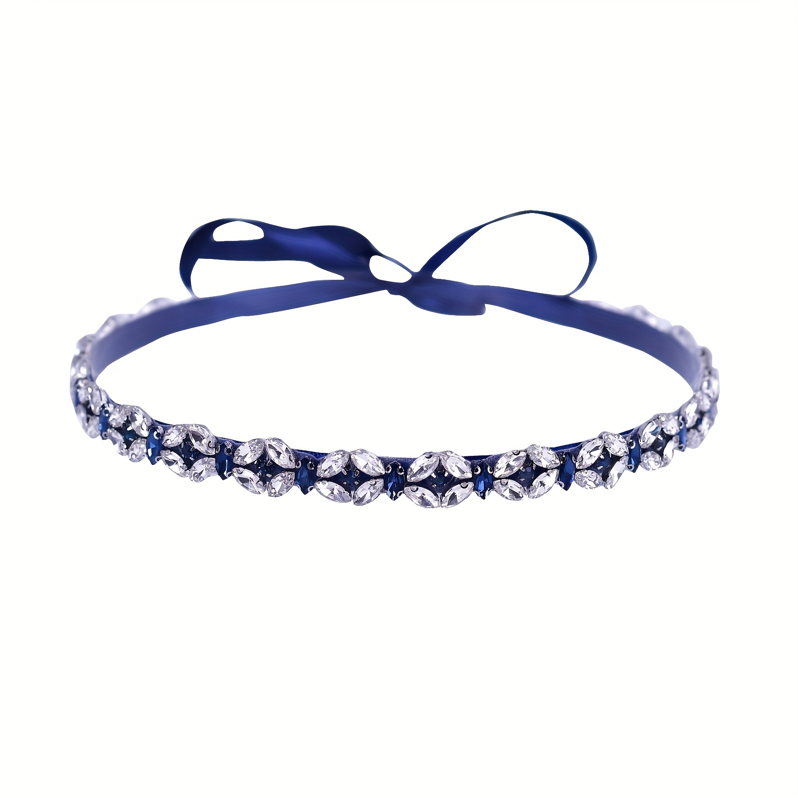 Navy Blue Streamer Waistband Simple Rhinestone Flower Thin Waist