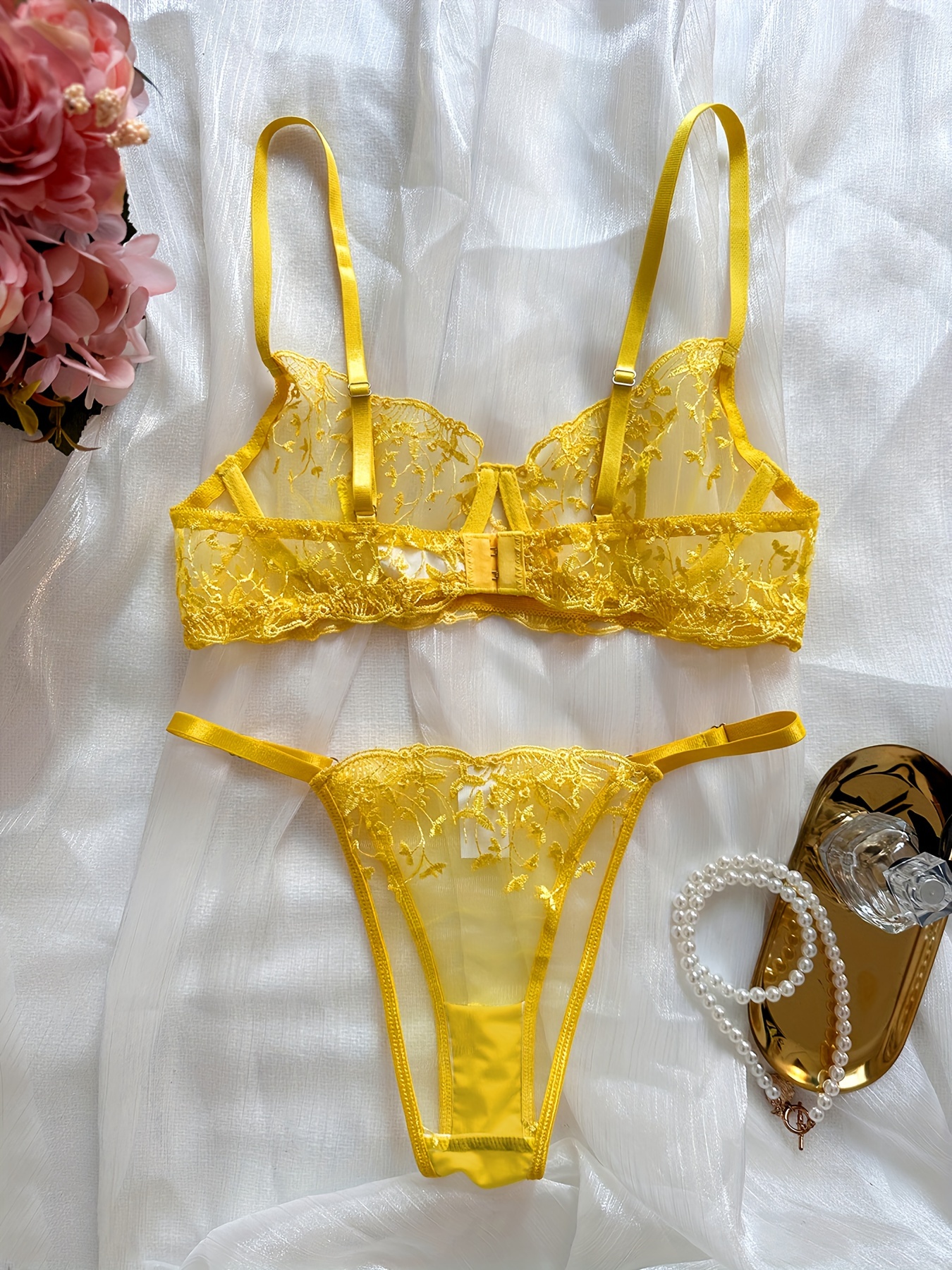 Yellow Lingerie Set, Yellow Lace Lingerie, Floral Lingerie, Yellow