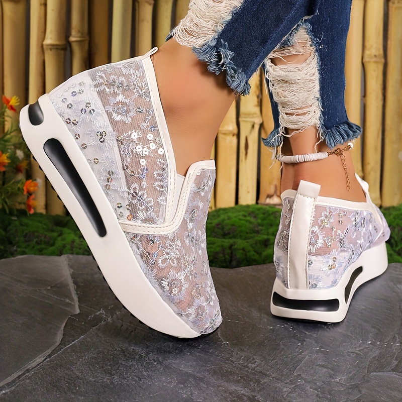 

Women's Sequins Decor Platform Sneakers, Breathable Mesh Flower Pattern Slip On Shoes, Women's Comfortable Shoes