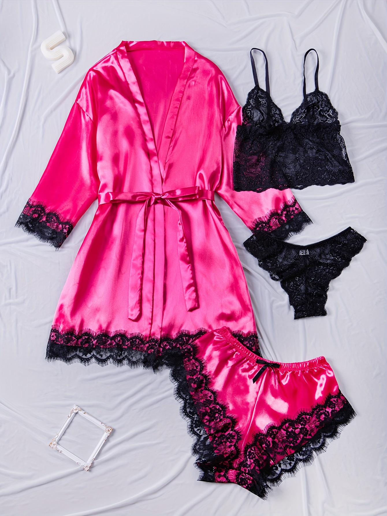 Women's 4 Pieces Comfortable Satin Floral Lace Cami Top Lingerie Pajama Set  With Robe For Valentine's Gifts