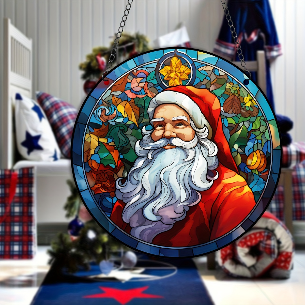 Santa Claus Window Decor Stained Suncatcher Wreath Sign - Temu