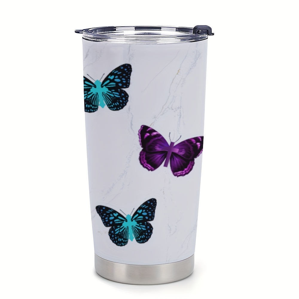 Purple Butterfly Tumbler Cup With Lid Stainless Steel Double - Temu