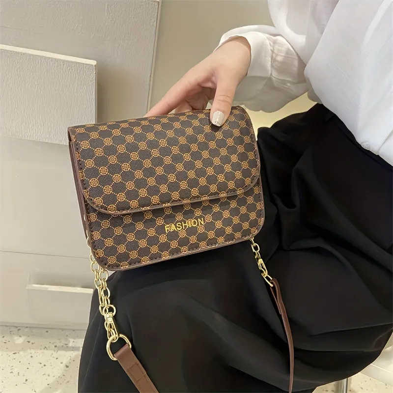 Vintage Geometric Pattern Square Bag, Trendy Flap Chain Bag, Pu