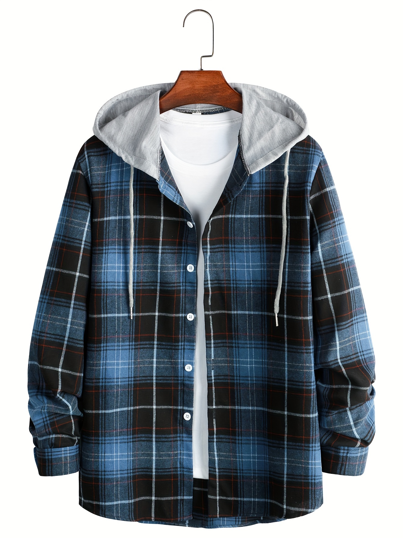 Big Plaid Pattern Men's All-match Long Sleeve Hooded Shirt With Drawstring  For Spring Fall Outdoor